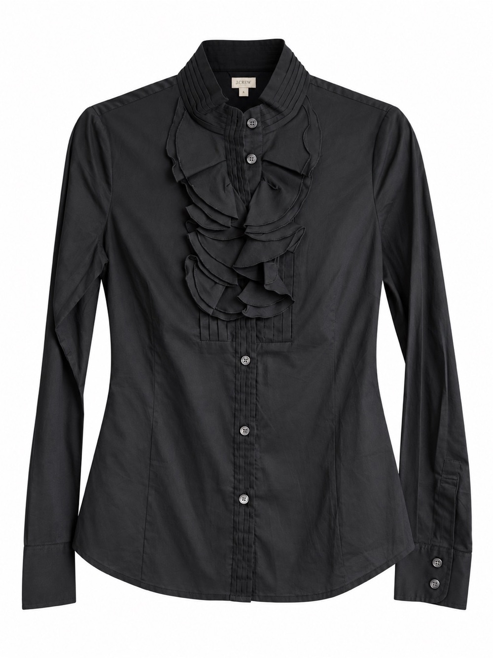 J.Crew Women’s Black Ruffle Front Button-Down Shirt. Size: 4